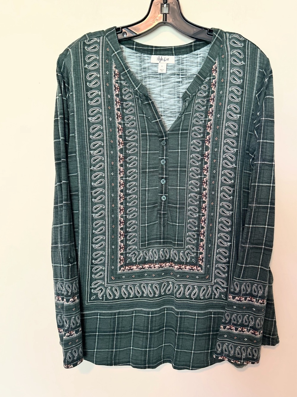 Style & Co. Green Patterned Button-Front Long-Sleeve Shirt